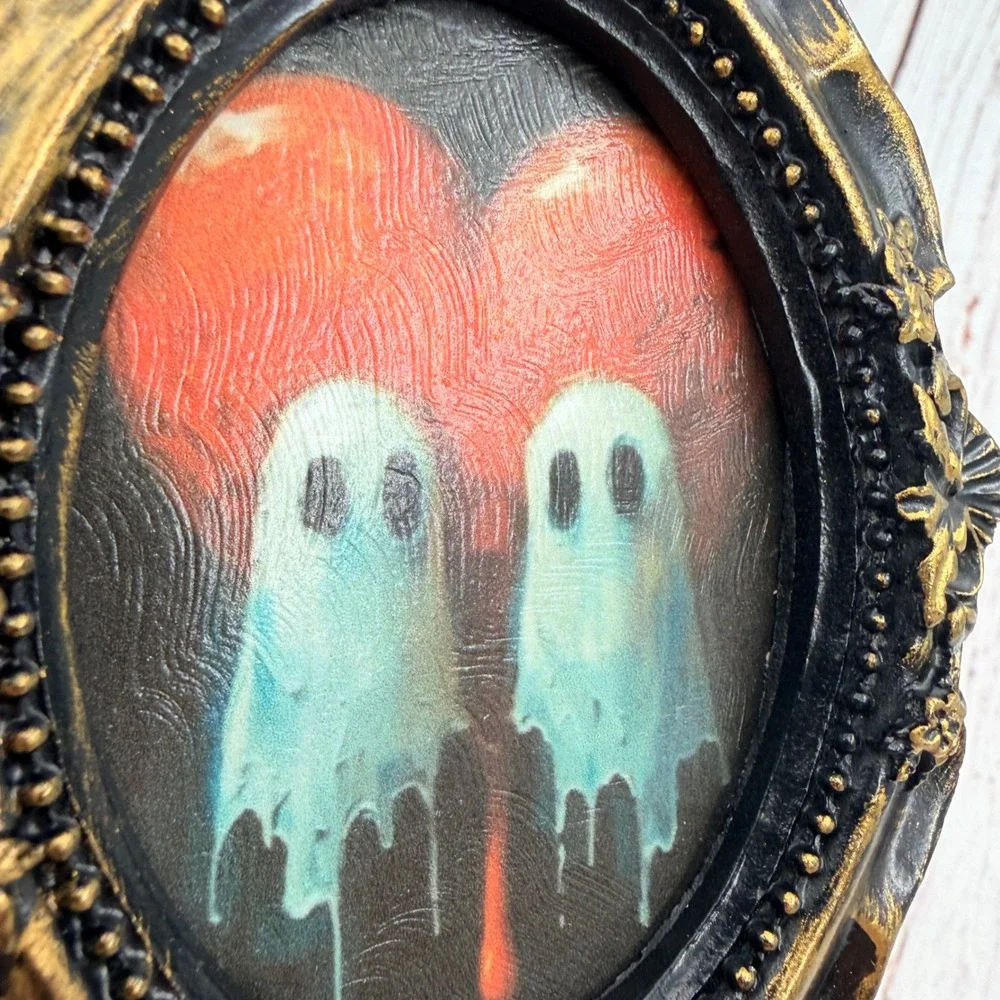 Mini Ghost Heart Art Print Decoupage Gold Black Gothic Frame 4.25